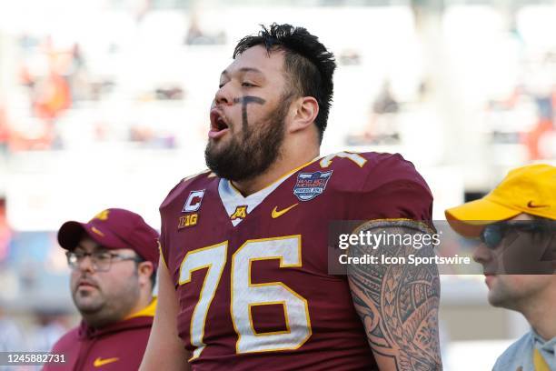 Minnesota Golden Gophers offensive lineman Chuck Filiaga prior to the Bad Boy Mowers Pinstripe Bowl college football game between the Minnesota...