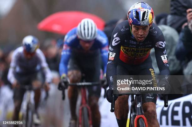 Belgian Wout Van Aert pictured in action during the men's elite race of the cyclocross cycling event, race 6/8 in the 'Exact Cross' competition,...