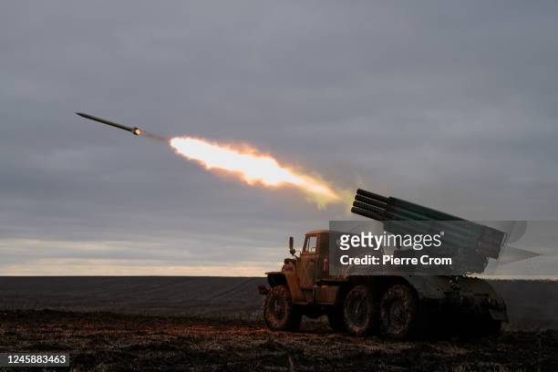 Soldiers of the 59th brigade of the Ukrainian Armed Forces fire grad missiles on Russian positions in Russia-occupied Donbas region on December 30,...