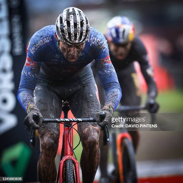 Dutch Mathieu Van Der Poel pictured in action during the men's elite race of the cyclocross cycling event, race 6/8 in the 'Exact Cross' competition,...