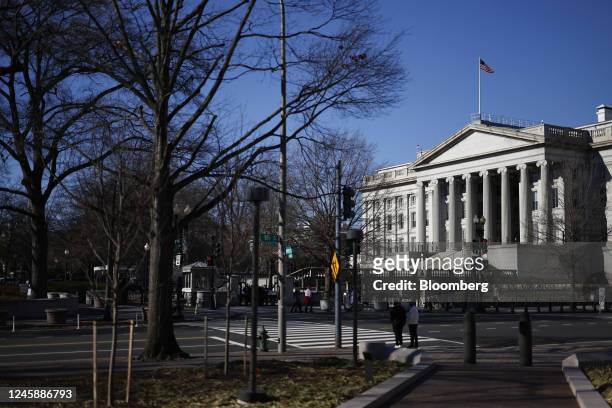 The US Treasury building in Washington, DC, US, on Friday, Dec. 30, 2022. The Federal Reserve's preferred inflation measures eased in November while...
