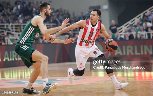 Kostas Sloukas, #11 of Olympiacos Piraeus in action during the 2022-23 Turkish Airlines EuroLeague Regular Season Round 16 game between Panathinaikos...