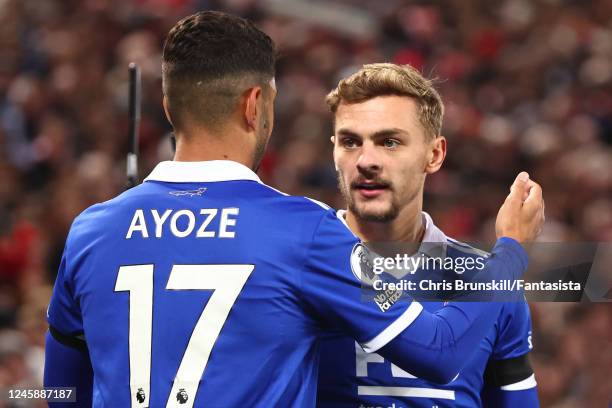 Kiernan Dewsbury-Hall of Leicester City celebrates scoring a goal to make the score 0-1 with team-mate Ayoze Perez during the Premier League match...