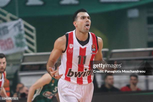 Kostas Sloukas, #11 of Olympiacos Piraeus react during the 2022-23 Turkish Airlines EuroLeague Regular Season Round 16 game between Panathinaikos...