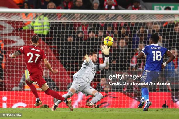 Darwin Nunez of Liverpool shoots towards Danny Ward of Leicester City during the Premier League match between Liverpool FC and Leicester City at...