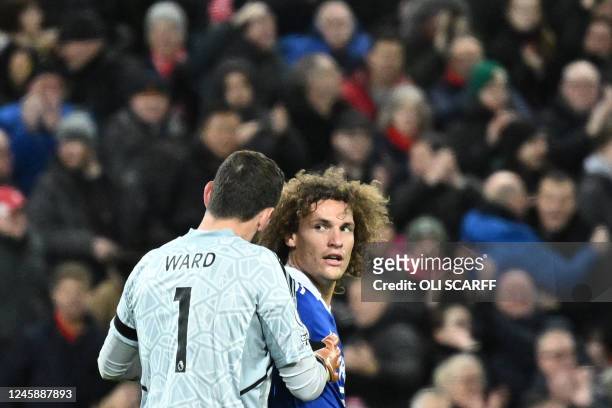 Leicester City's Welsh goalkeeper Danny Ward speaks to Leicester City's Belgian defender Wout Faes following his during the English Premier League...