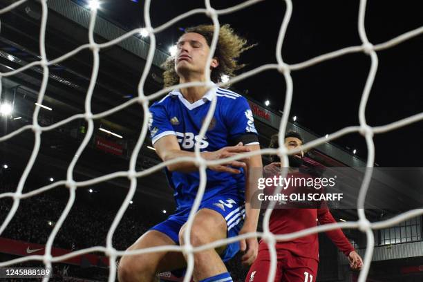 Leicester City's Belgian defender Wout Faes reacts after scoring his second owngoal during the English Premier League football match between...