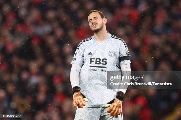 Danny Ward of Leicester City reacts during the Premier League match between Liverpool FC and Leicester City at Anfield on December 30, 2022 in...