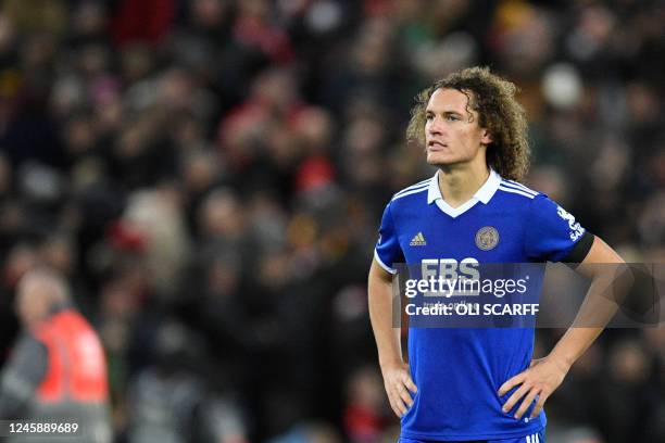 Leicester City's Belgian defender Wout Faes reacts at the end of the English Premier League football match between Liverpool and Leicester City at...