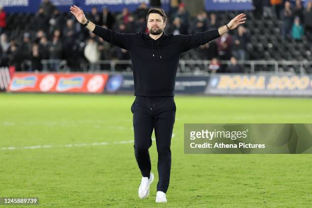 Swansea City manager Russell Martin thanks home supporters after the Sky Bet Championship match between Swansea City and Watford at the Swansea.com...