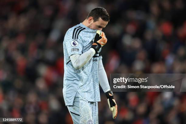 Leicester City goalkeeper Danny Ward looks dejected during the Premier League match between Liverpool FC and Leicester City at Anfield on December...