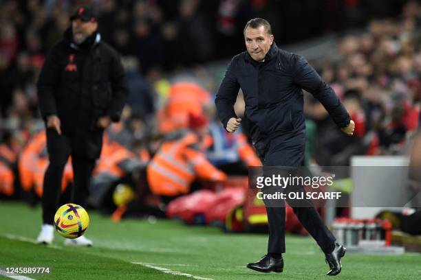 Leicester City's Northern Irish manager Brendan Rodgers prepares to shoot the ball during the English Premier League football match between Liverpool...