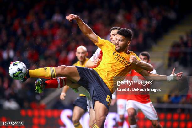 Goncalo Ramos of SL Benfica and Paulo Oliveira of SC Braga battle for the ball during the Liga Portugal Bwin match between Sporting Braga and SL...