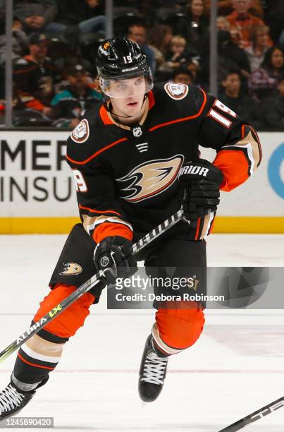 Troy Terry of the Anaheim Ducks skates with puck during the first period against the Nashville Predators at Honda Center on December 30, 2022 in...