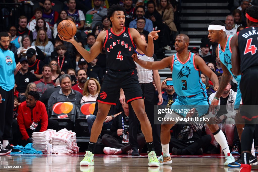Scottie Barnes of the Toronto Raptors handles the ball during the ...