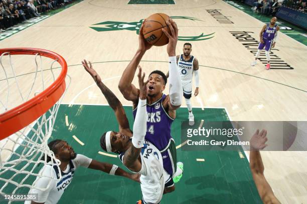 Giannis Antetokounmpo of the Milwaukee Bucks drives to the basket during the game against the Minnesota Timberwolves on December 30, 2022 at the...