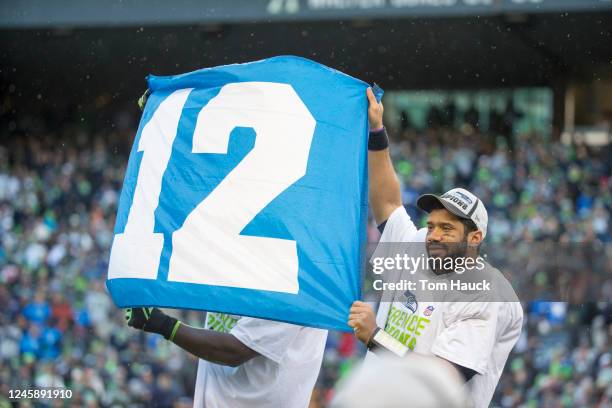 Seattle Seahawks quarterback Russell Wilson celebrates at the 2015 NFC Championship game between the Seattle Seahawks against the Green Bay Packers,...