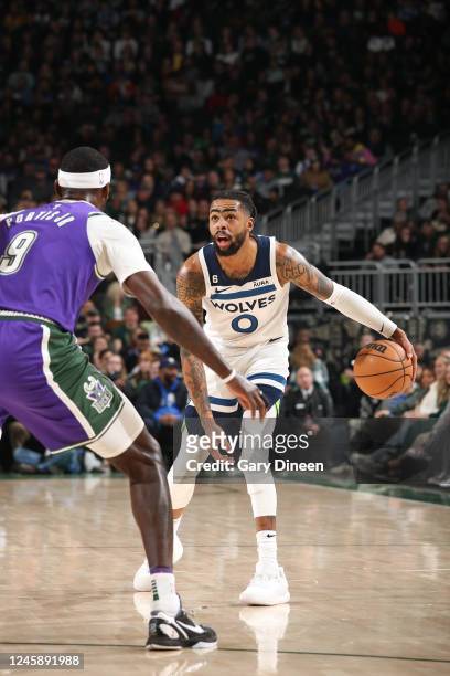 Angelo Russell of the Minnesota Timberwolves handles the ball during the game against the Milwaukee Bucks on December 30, 2022 at the Fiserv Forum...