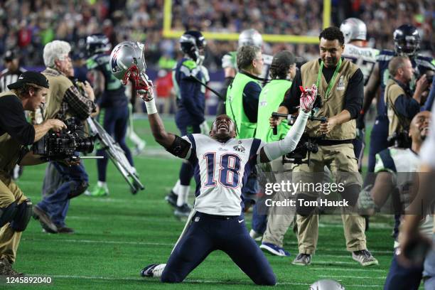 New England Patriots wide receiver Matthew Slater celebrates after winning during Superbowl XLIX game between the Seattle Seahawks and the New...