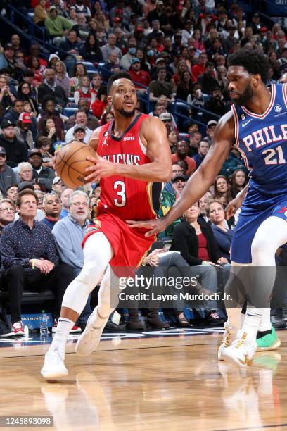 McCollum of the New Orleans Pelicans moves the ball during the game against the Philadelphia 76ers on December 30, 2022 at the Smoothie King Center...