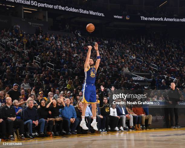 Klay Thompson of the Golden State Warriors shoots the ball during the game against the Portland Trail Blazers on December 30, 2022 at Chase Center in...