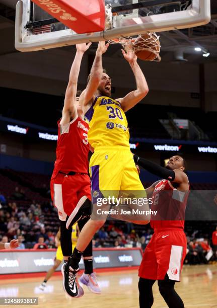 Jay Huff of the South Bay Lakers dunks the ball against the Memphis Hustle during an NBA G-League game on December 30, 2022 at Landers Center in...