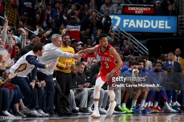 McCollum of the New Orleans Pelicans celebrates during the game against the Philadelphia 76ers on December 30, 2022 at the Smoothie King Center in...