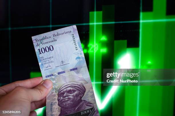 Venezuelan Bolivar note seen with a green stock market graph.