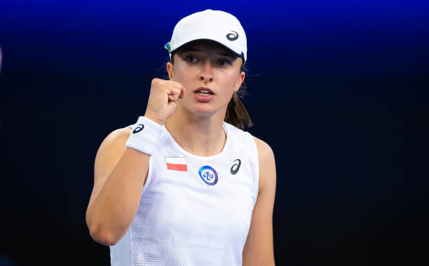 Iga Swiatek of Poland in action against Yulia Putintseva of Kazakhstan in her first round-robin match on Day 3 of the United Cup at Pat Rafter Arena...