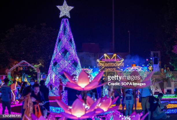 View of a new year illumination show during New Year celebration at Tha Phae Gate, Chiang Mai.
