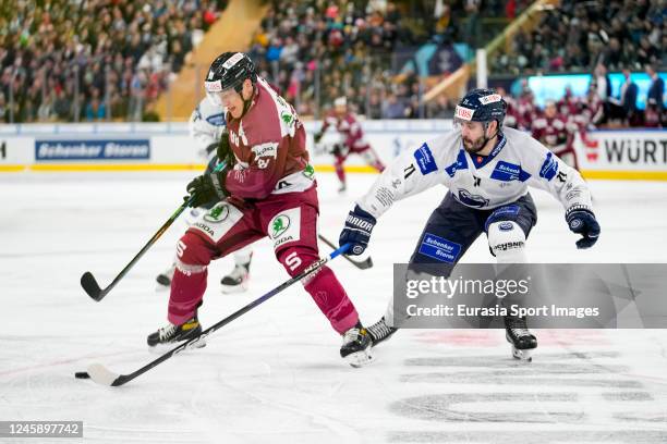 Miroslav Forman of Sparta Prague against Jesse Virtanen of HC Ambri-Piotta during the match between HC Sparta Praha and HC Ambri-Piotta at Eisstadion...