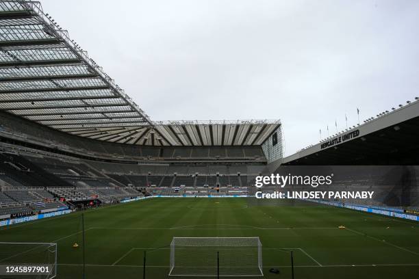 The empty stadium is pictured ahead of the English Premier League football match between Newcastle United and Leeds United at St James' Park in...