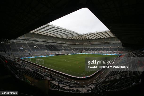 The empty stadium is pictured ahead of the English Premier League football match between Newcastle United and Leeds United at St James' Park in...