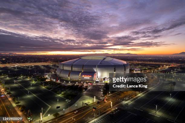 An aerial view of State Farm Stadium during sunrise ahead of the game between the TCU Horned Frogs and the Michigan Wolverines in the Vrbo Fiesta...