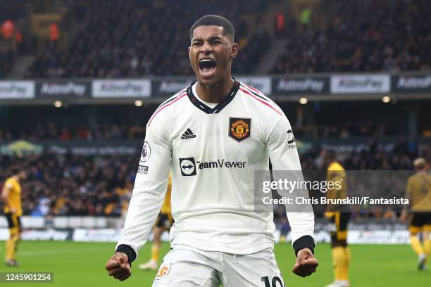 Marcus Rashford of Manchester United celebrates scoring a disallowed goal during the Premier League match between Wolverhampton Wanderers and...