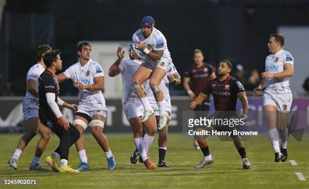 Jack Nowell of Exeter Chiefs catches a high ball during the Gallagher Premiership Rugby match between Saracens and Exeter Chiefs at StoneX Stadium on...