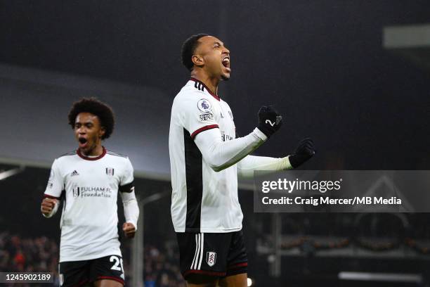 Kenny Tete of Fulham FC celebrates his side's second goal during the Premier League match between Fulham FC and Southampton FC at Craven Cottage on...