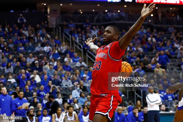 David Jones of the St. John's Red Storm reacts after a dunk the Seton Hall Pirates during the first half of a game at Prudential Center on December...