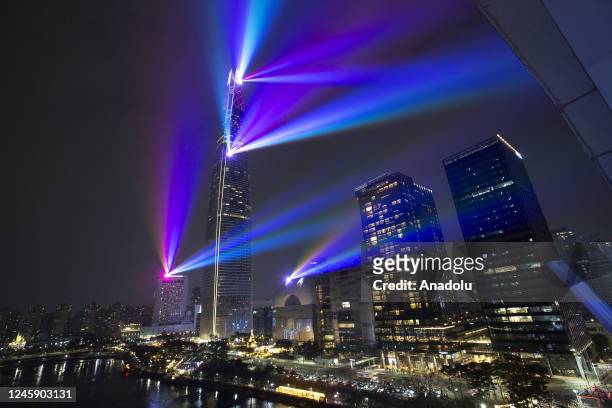 Lighting Show to celebrate the New Year is taking place at Lotte World Tower in Seoul, South Korea on Jan. 01, 2023.