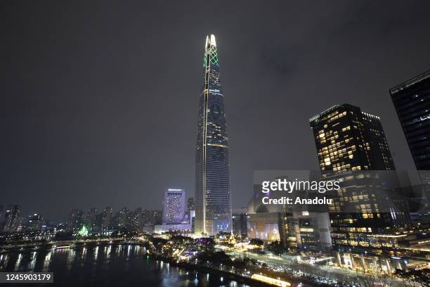 Lighting Show to celebrate the New Year is taking place at Lotte World Tower in Seoul, South Korea on Jan. 01, 2023.