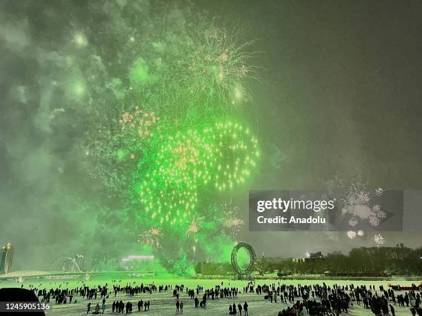 Fireworks light up the sky during the new year celebrations in Astana, Kazakhstan on January 01, 2022.