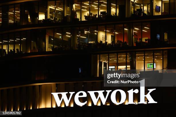 WeWork logo is seen on an office building in Tel Aviv, Israel on December 29, 2022.