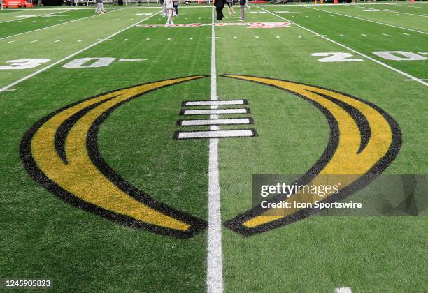 Bowl Game logos on and around the field before the college football game between the University of Georgia Bulldogs and The Ohio State Buckeyes on...