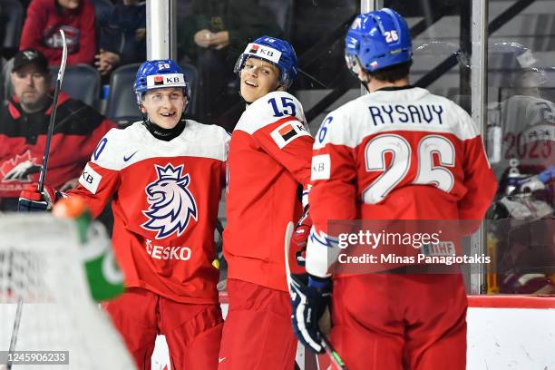 Jakub Kos of Team Czechia celebrates his goal with teammates Robin Sapousek and Martin Rysavy during the third period against Team Germany in the...