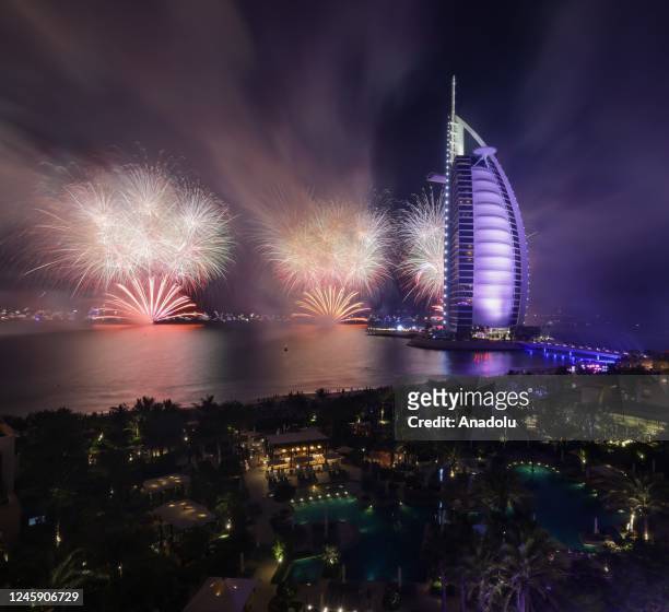 Fireworks go off around Burj Khalifa as part of new year celebrations in Dubai, United Arab Emirates on January 1, 2023.