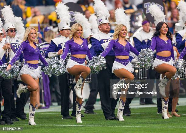 Cheerleaders dance on the field before the Vrbo Fiesta Bowl between the Michigan Wolverines and the TCU Horned Frogs on Saturday, December 31st, 2022...