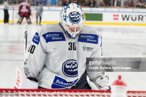 Goalkeeper Janne Juvonen of HC Ambri-Piotta ready for the shoot-out during the match between HC Sparta Praha and HC Ambri-Piotta at Eisstadion Davos...
