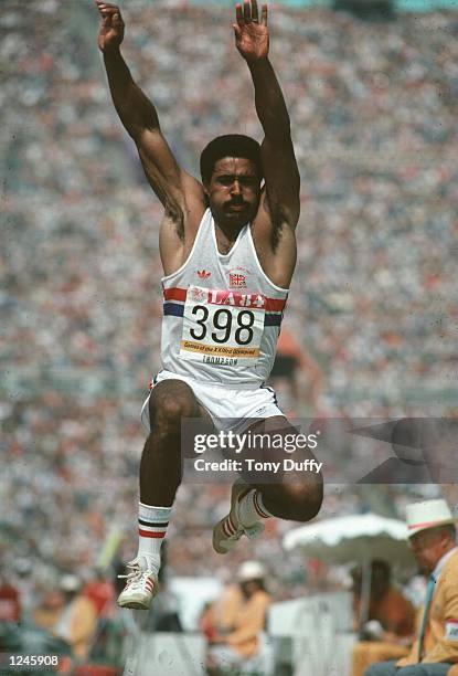 Daley Thompson of Great Britain in action during the decathlon long jump. Thompson won the decathlon gold medal with a world record score of 8,847...