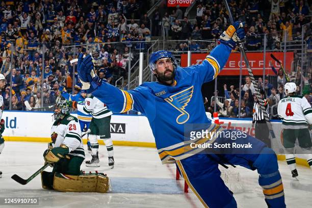 Robert Bortuzzo of the St. Louis Blues celebrates his goal against the Minnesota Wild at the Enterprise Center on December 31, 2022 in St. Louis,...
