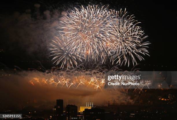 Barcelona welcomes the year 2023 with the traditional New Year Eve fireworks on the Montjuic mountain, in Barcelona on 01st January 2023.